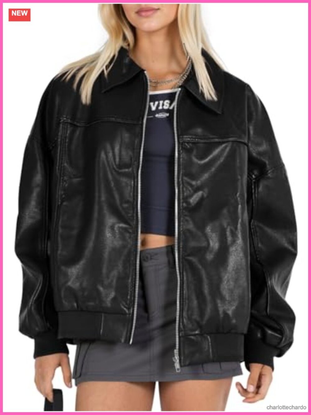 Faux Leather Oversized Bomber Moto Zip Jacket